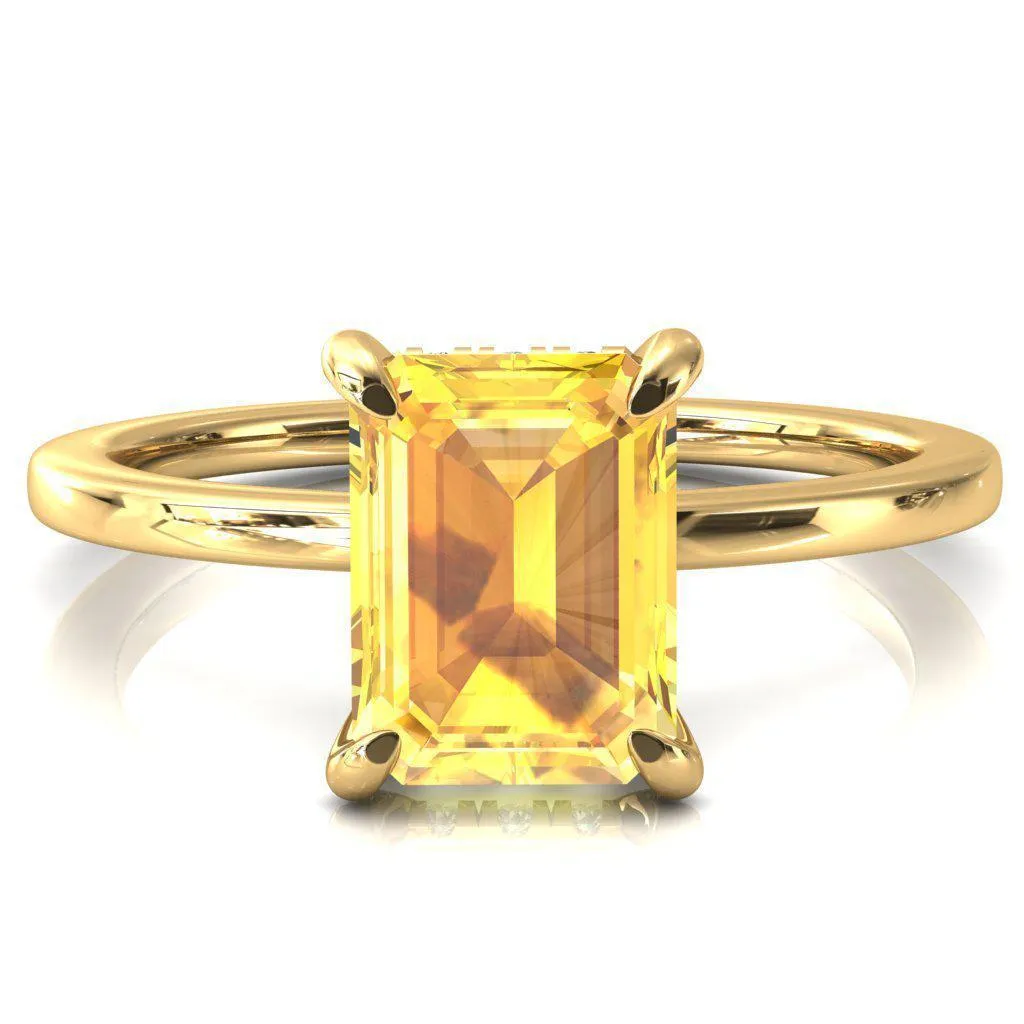 Rosy Emerald Yellow Sapphire 4 Claw Prong Single Rail Micropave Engagement Ring