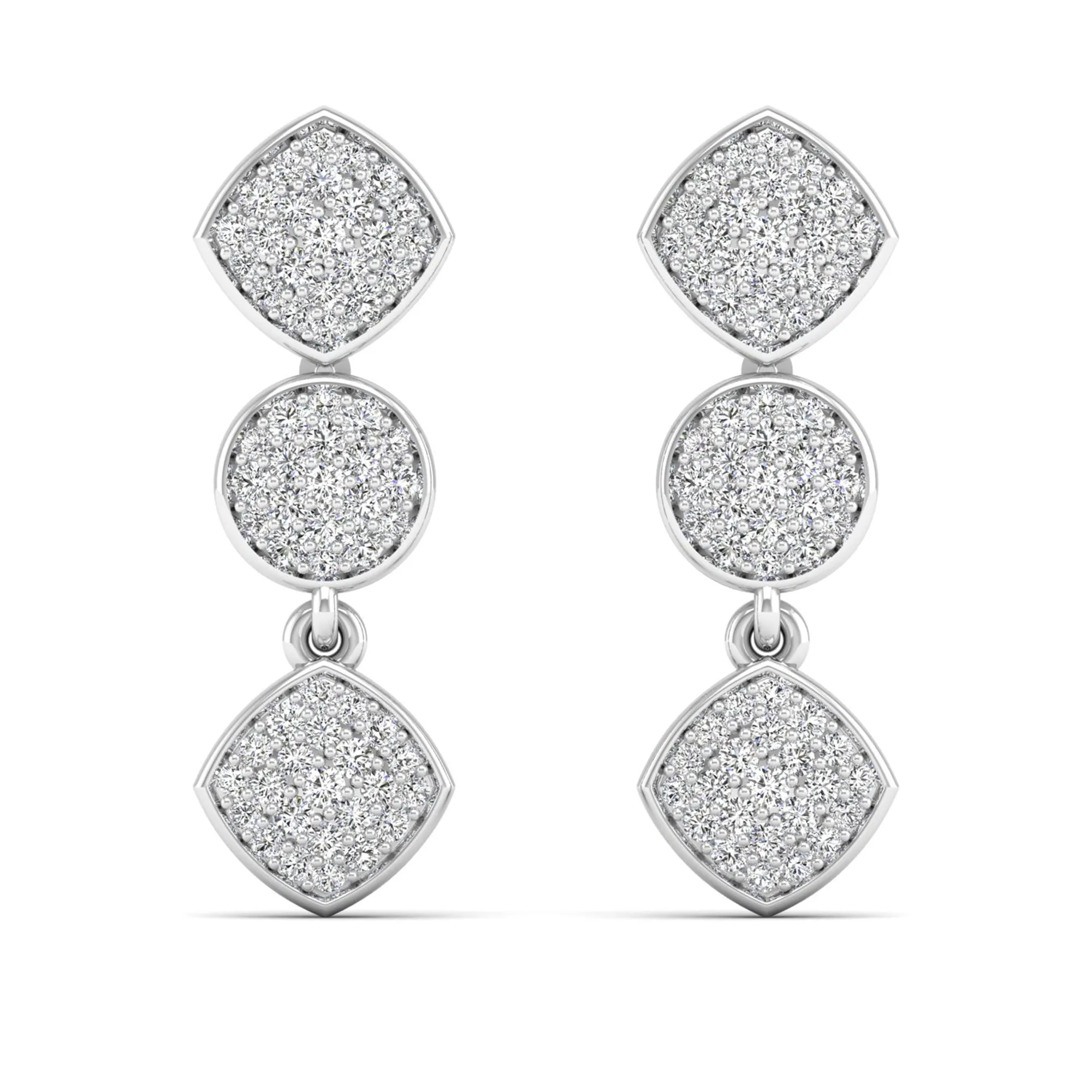 Round and Square Diamond Cluster Drop Earrings