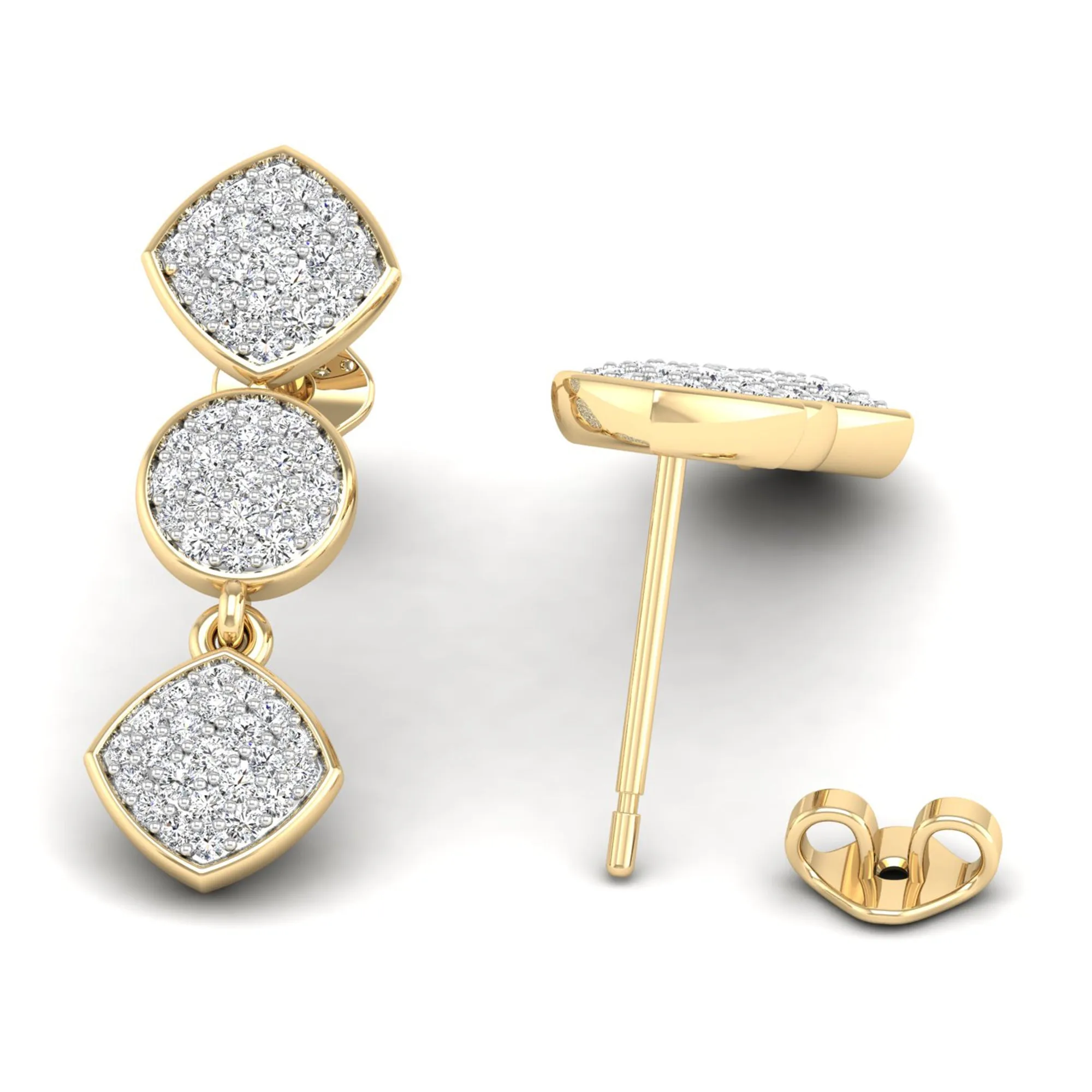 Round and Square Diamond Cluster Drop Earrings