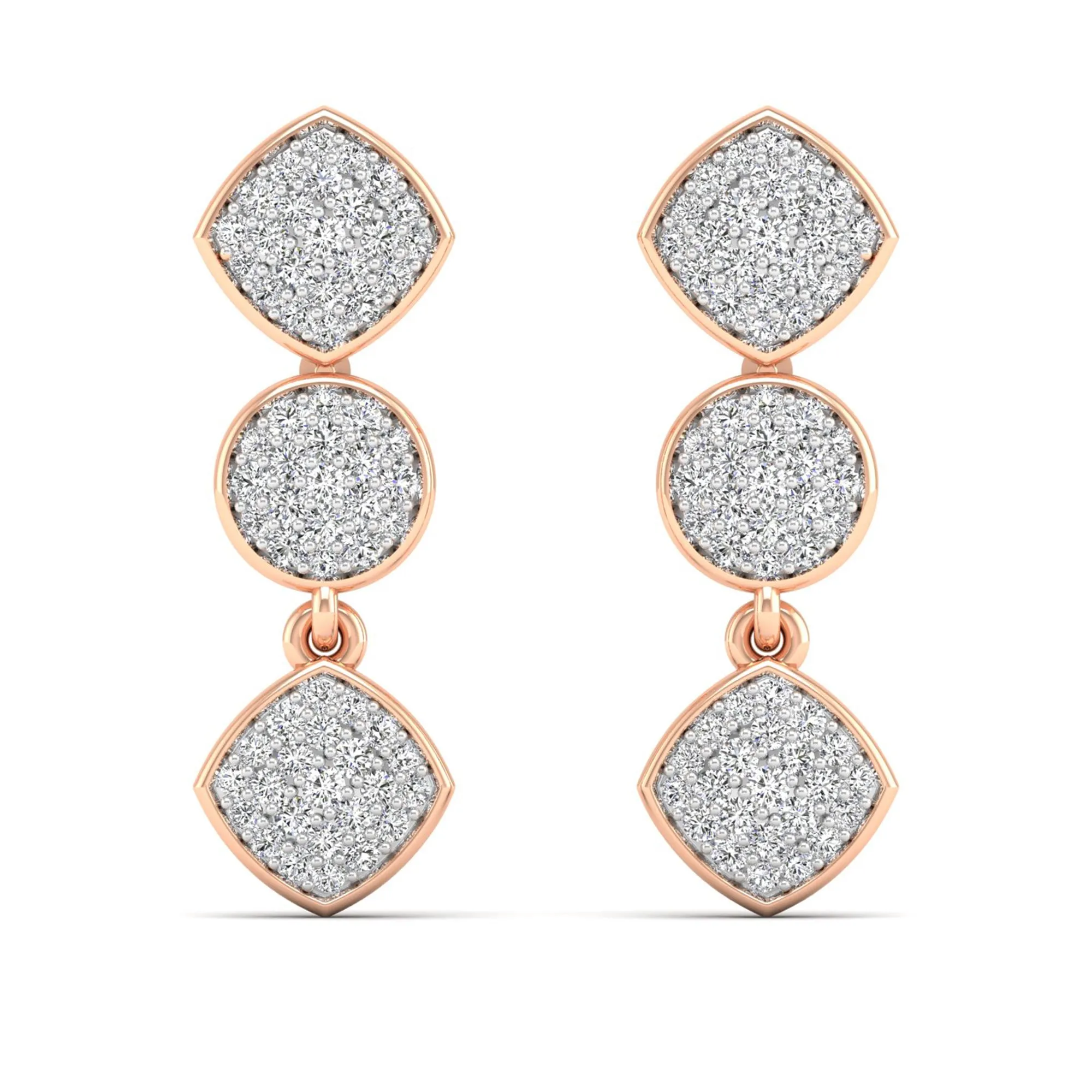 Round and Square Diamond Cluster Drop Earrings