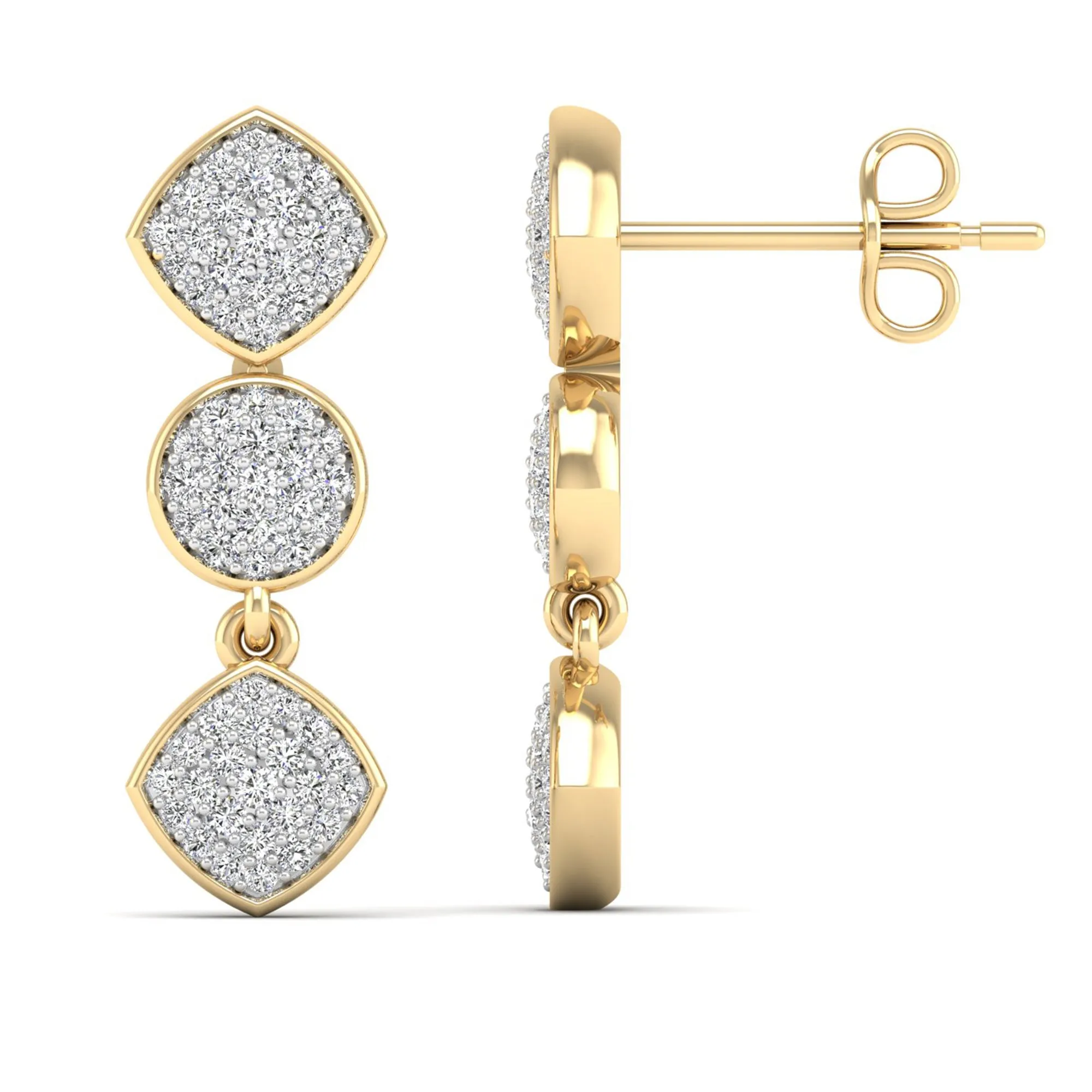 Round and Square Diamond Cluster Drop Earrings