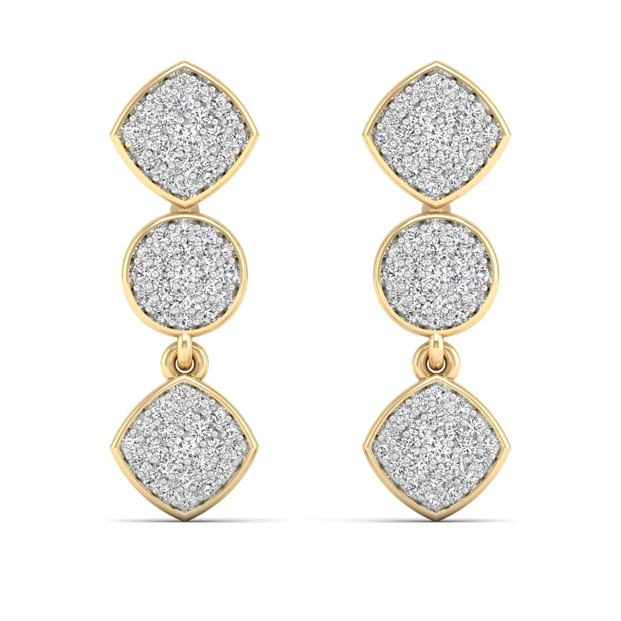 Round and Square Diamond Cluster Drop Earrings