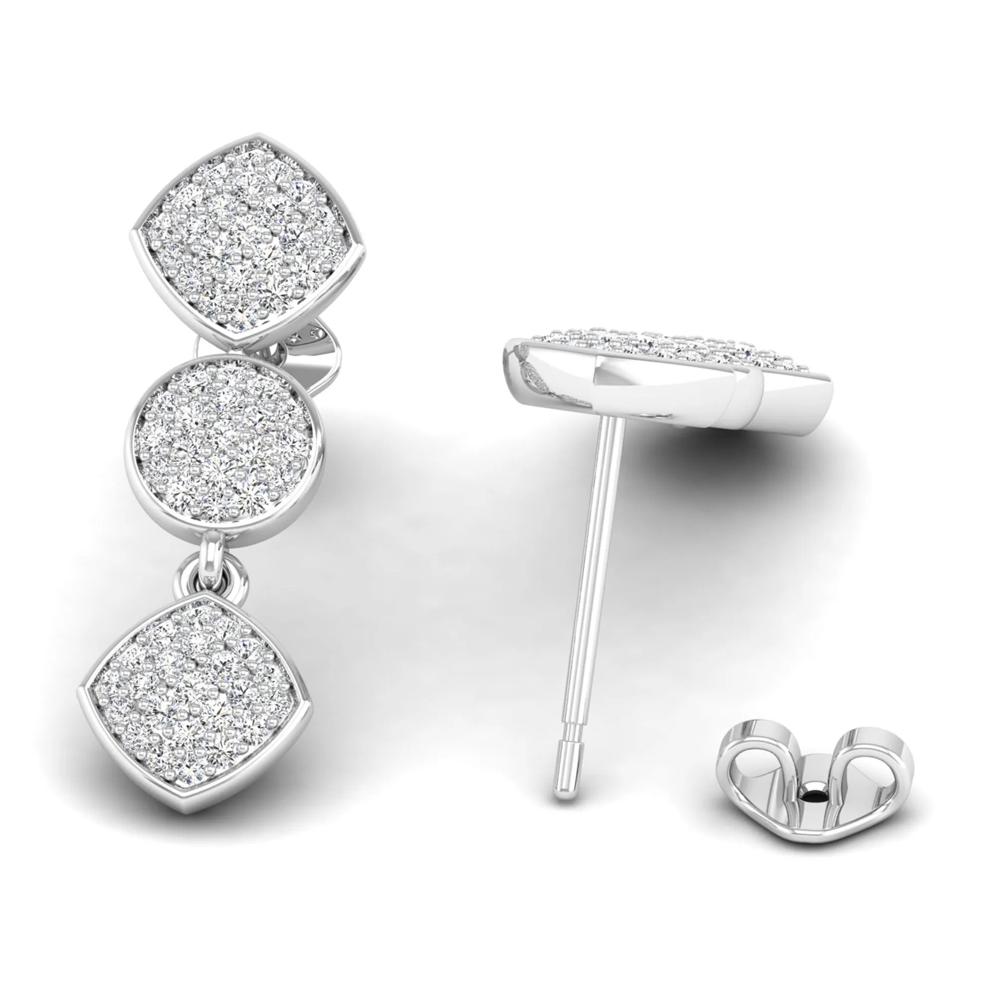Round and Square Diamond Cluster Drop Earrings