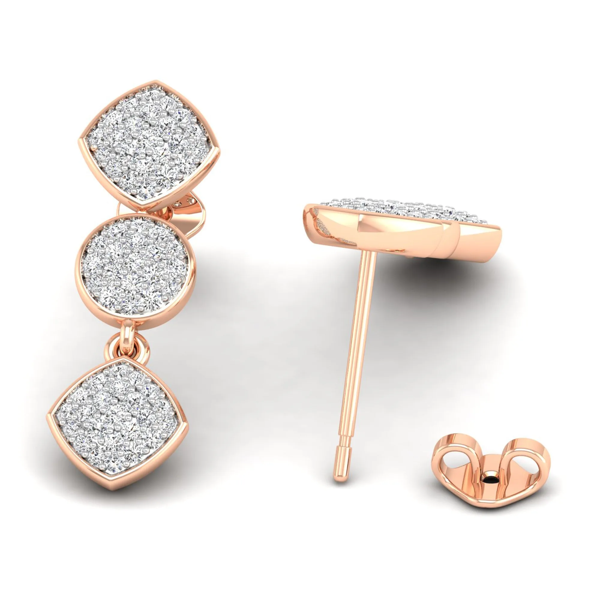 Round and Square Diamond Cluster Drop Earrings