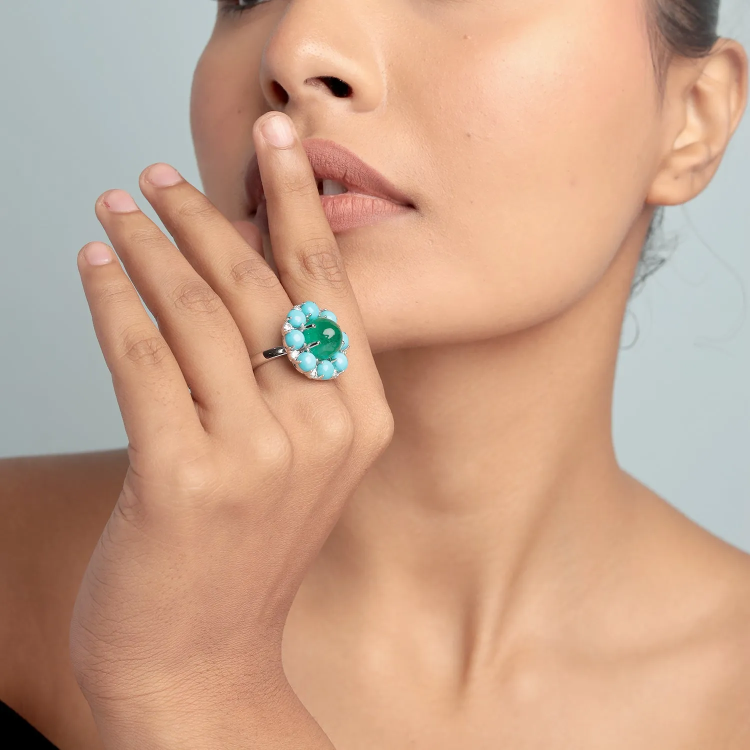 Round Cut Emerald Prong Turquoise Pave Diamond Cocktail Ring In White Gold