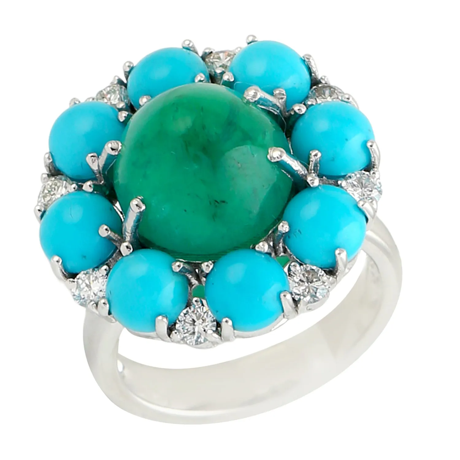 Round Cut Emerald Prong Turquoise Pave Diamond Cocktail Ring In White Gold