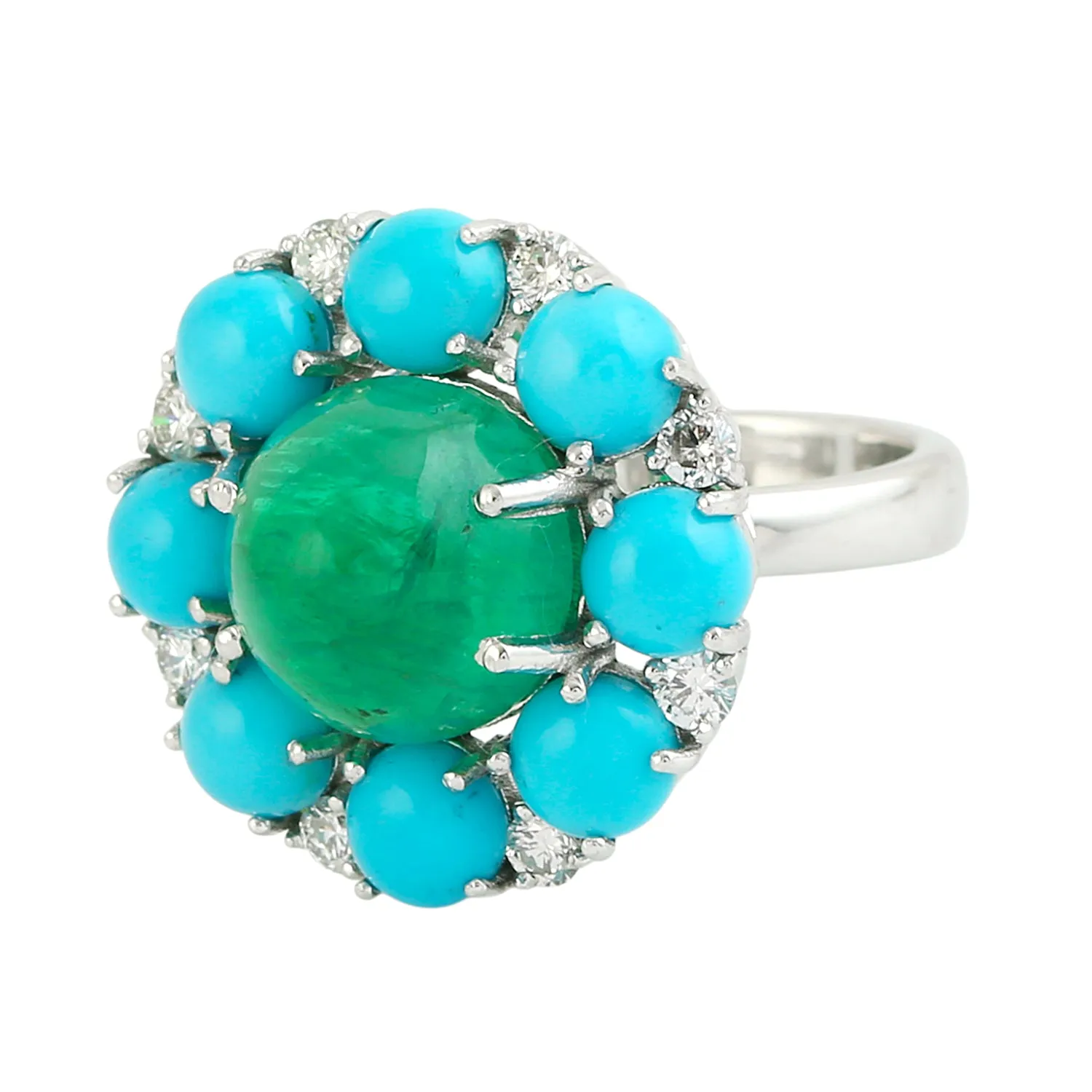 Round Cut Emerald Prong Turquoise Pave Diamond Cocktail Ring In White Gold