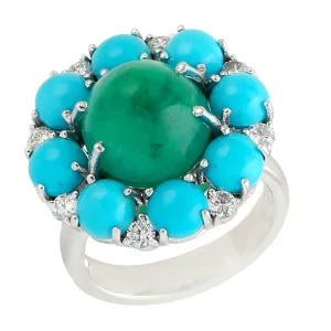 Round Cut Emerald Prong Turquoise Pave Diamond Cocktail Ring In White Gold