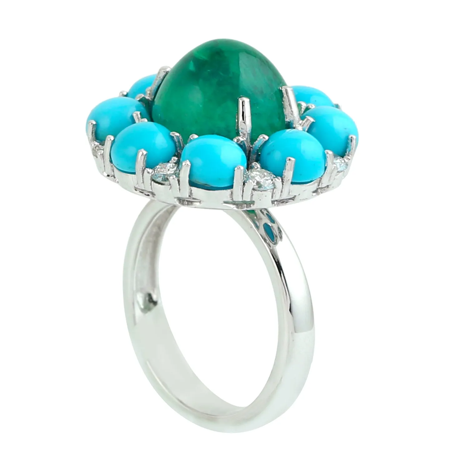 Round Cut Emerald Prong Turquoise Pave Diamond Cocktail Ring In White Gold