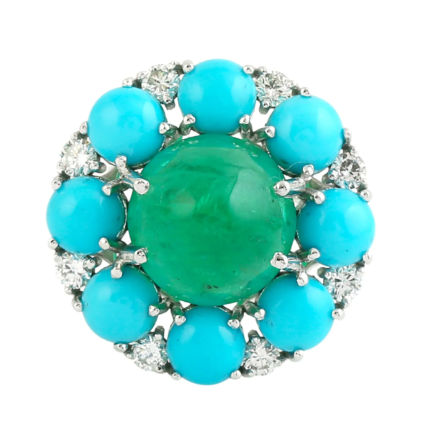 Round Cut Emerald Prong Turquoise Pave Diamond Cocktail Ring In White Gold
