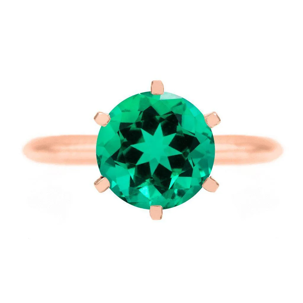 Round Emerald 14K Rose Gold 6 Prongs Solitaire Ring