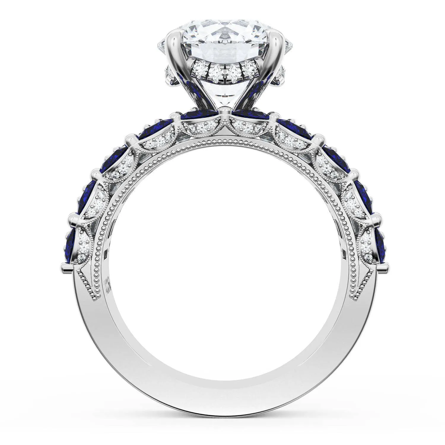 Round Solitaire Engagement Ring w/ Emerald & Pear Band