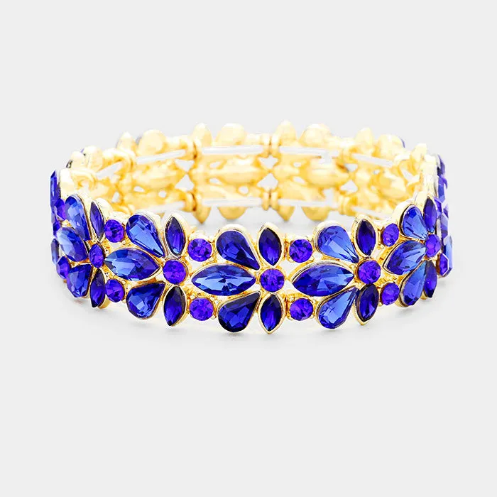 Sapphire Crystal Flower Stretch Pageant Bracelet on Gold | Prom Bracelet | 389458