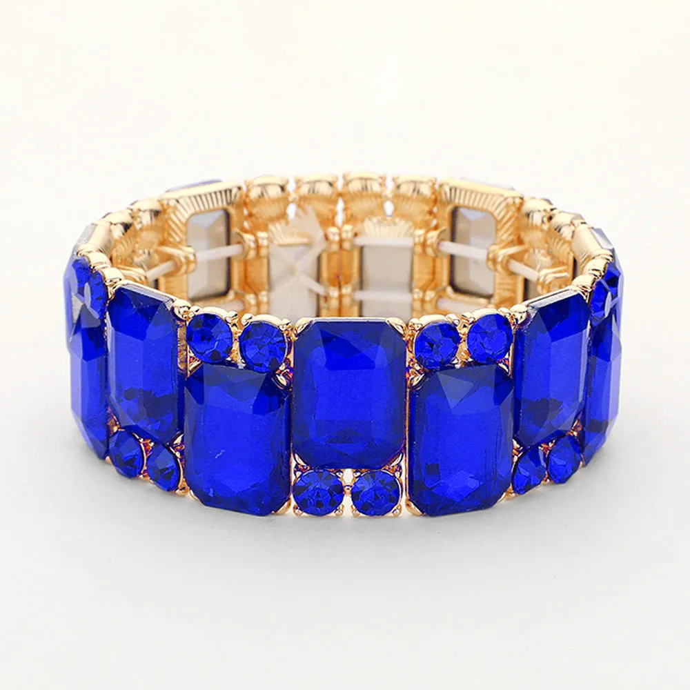 Sapphire Crystal Square and Round Stone Cluster Stretch Pageant Bracelet | Sapphire Evening Bracelet | 647861