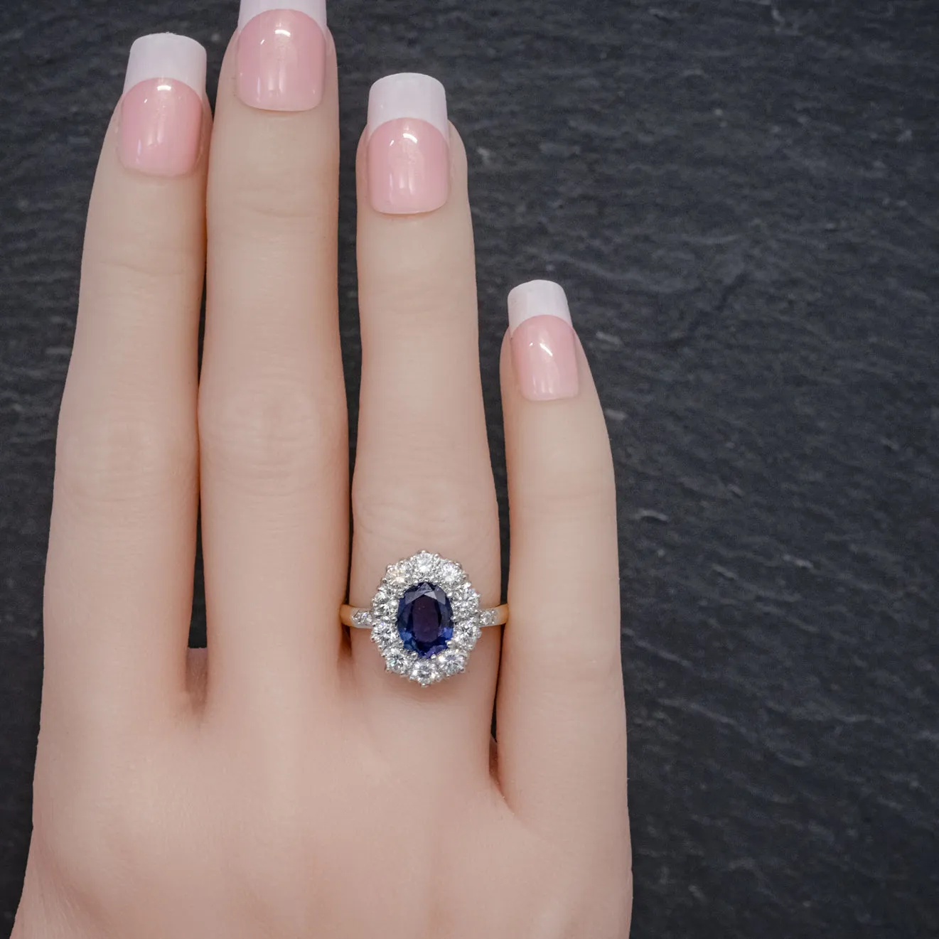 Sapphire Diamond Cluster Ring 18Ct Gold Platinum 2Ct Sapphire 1.10Ct Diamond