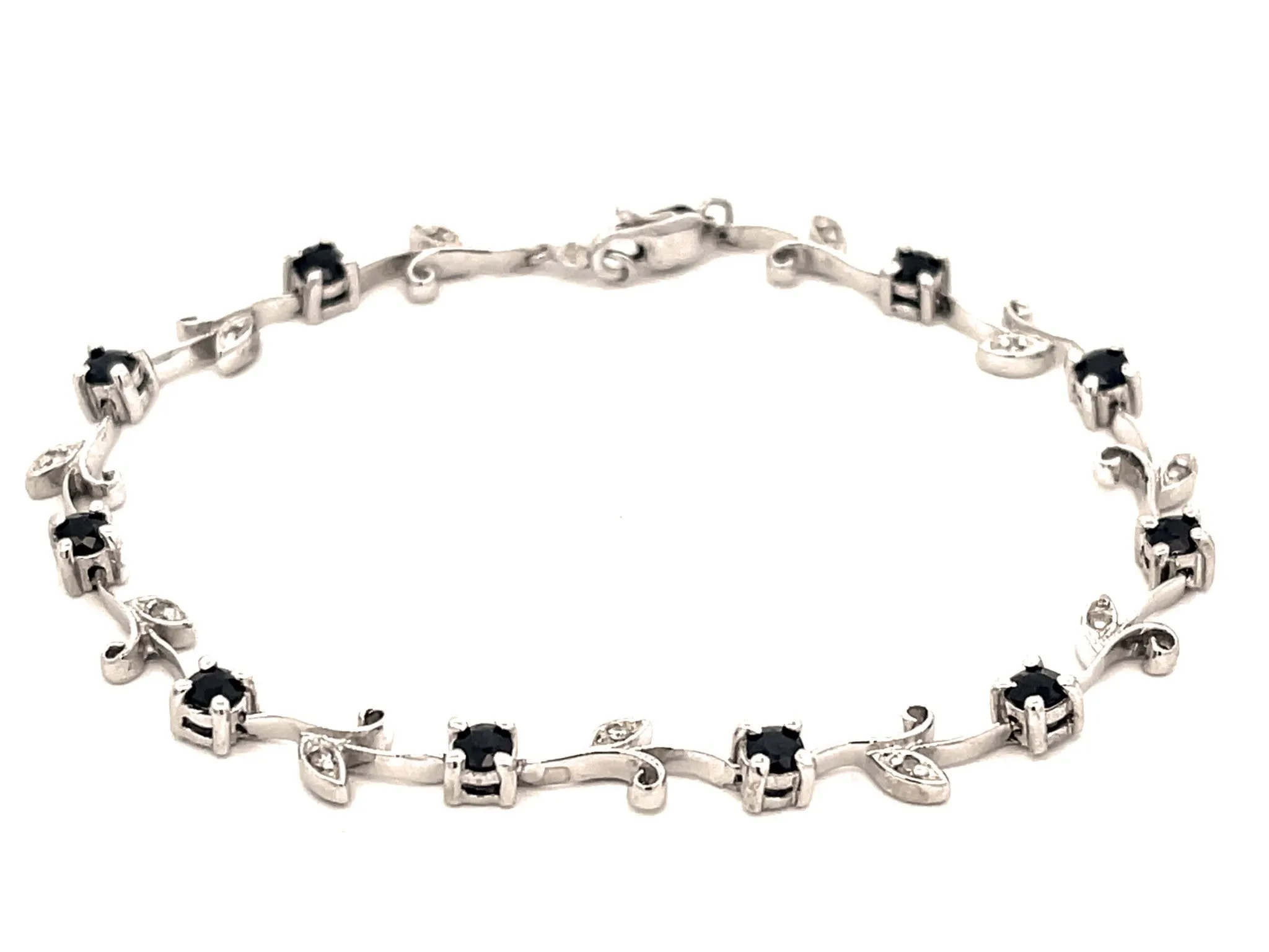 Sapphire Flower Diamond Leaf Bracelet in 14k White Gold