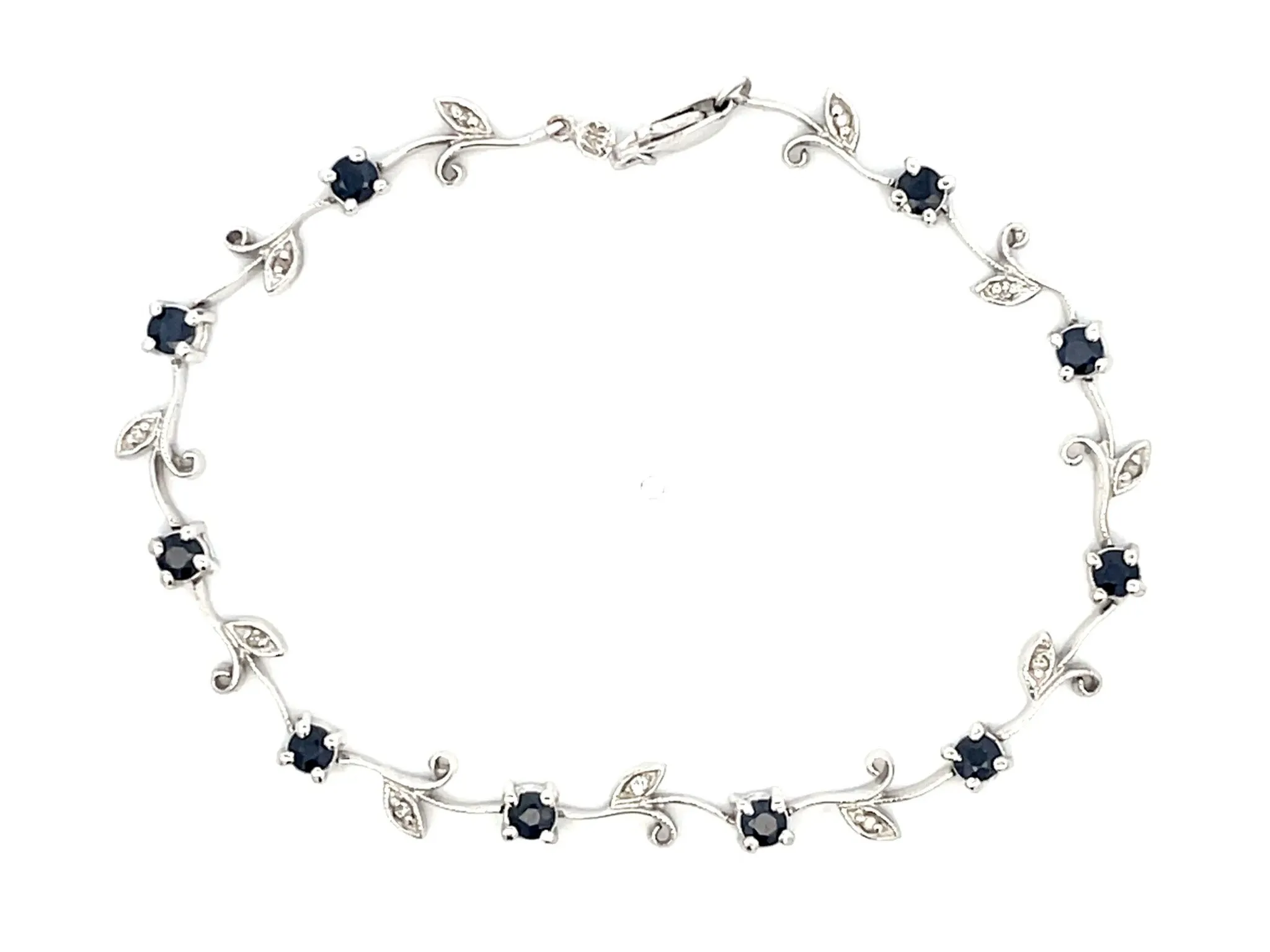 Sapphire Flower Diamond Leaf Bracelet in 14k White Gold