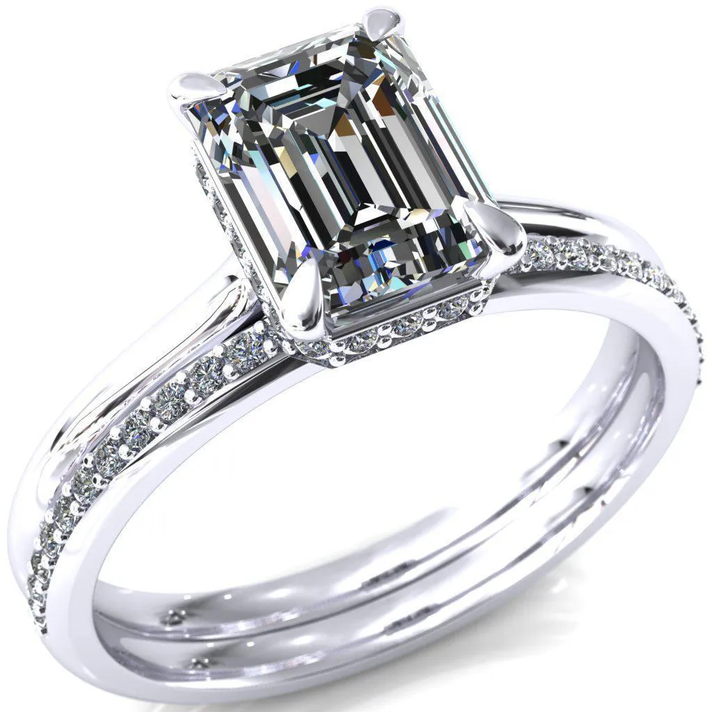 Secret Emerald Center Stone 4 Prong Floating Halo Engagement Ring