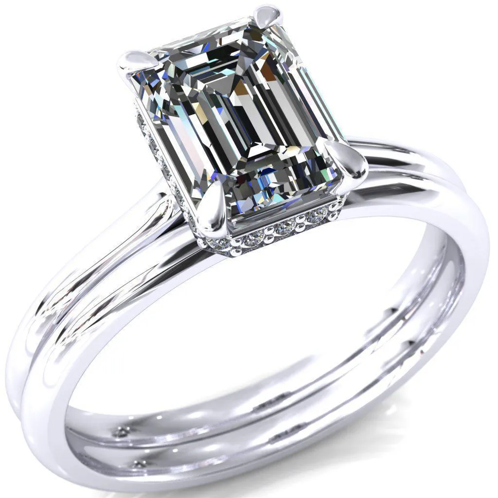 Secret Emerald Center Stone 4 Prong Floating Halo Engagement Ring