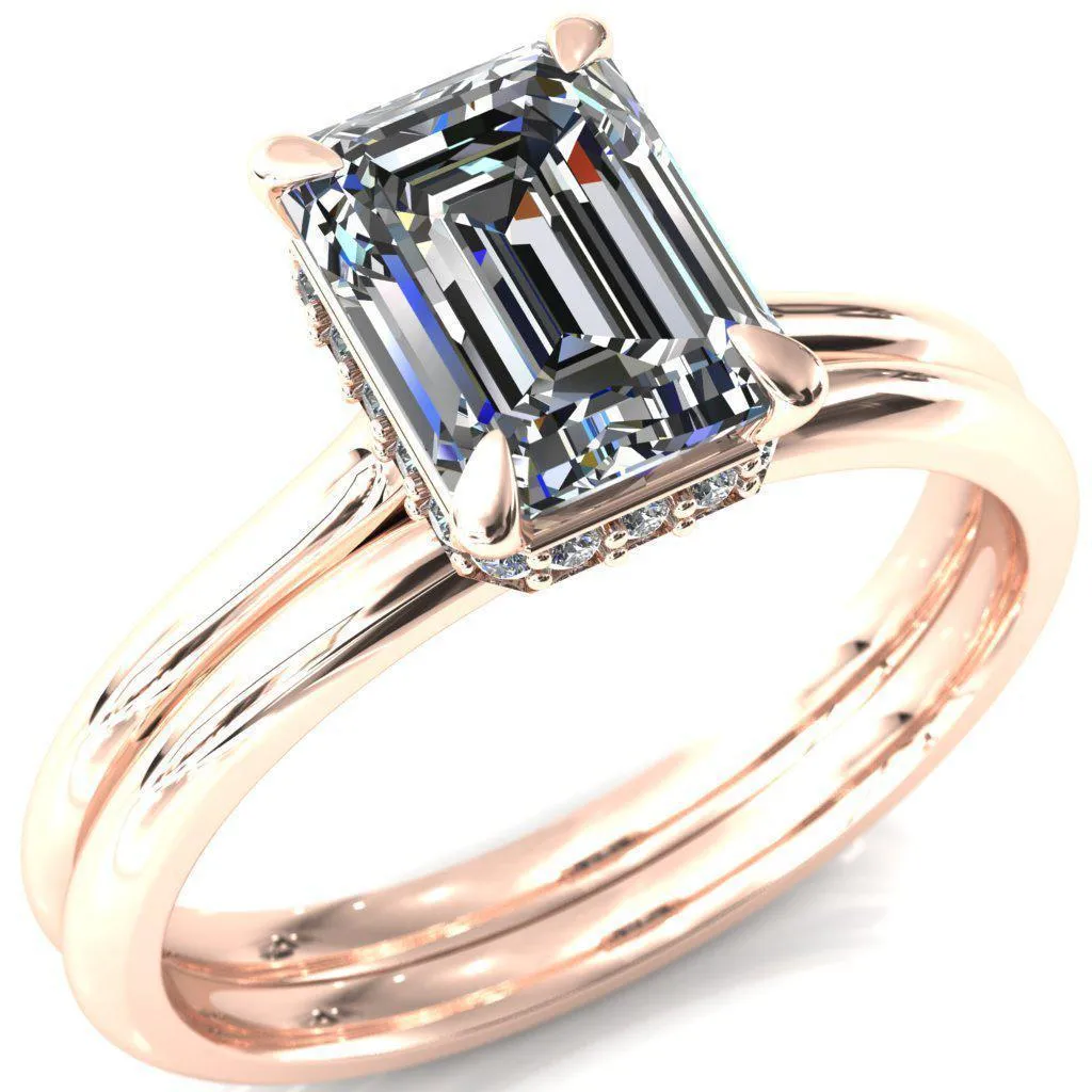 Secret Emerald Center Stone 4 Prong Floating Halo Engagement Ring