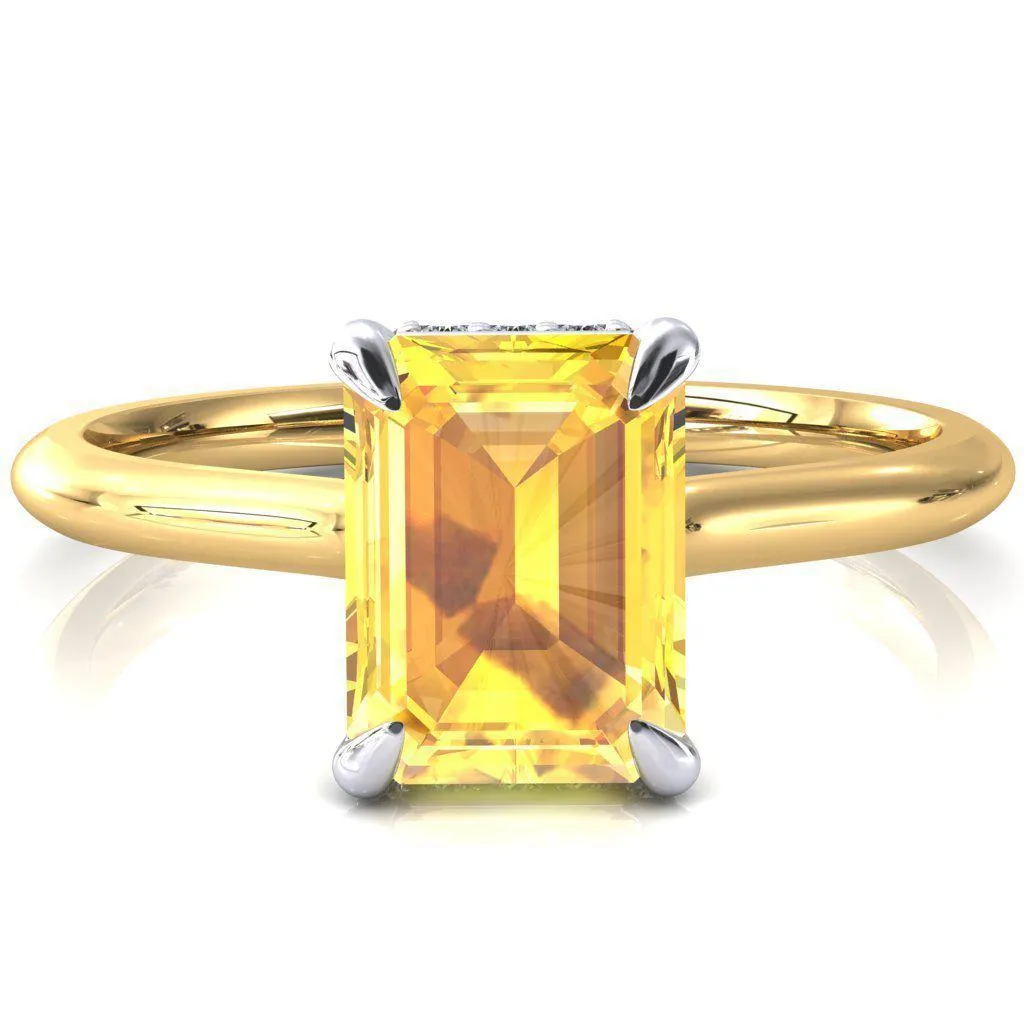 Secret Emerald Yellow Sapphire 4 Prong Floating Halo Engagement Ring