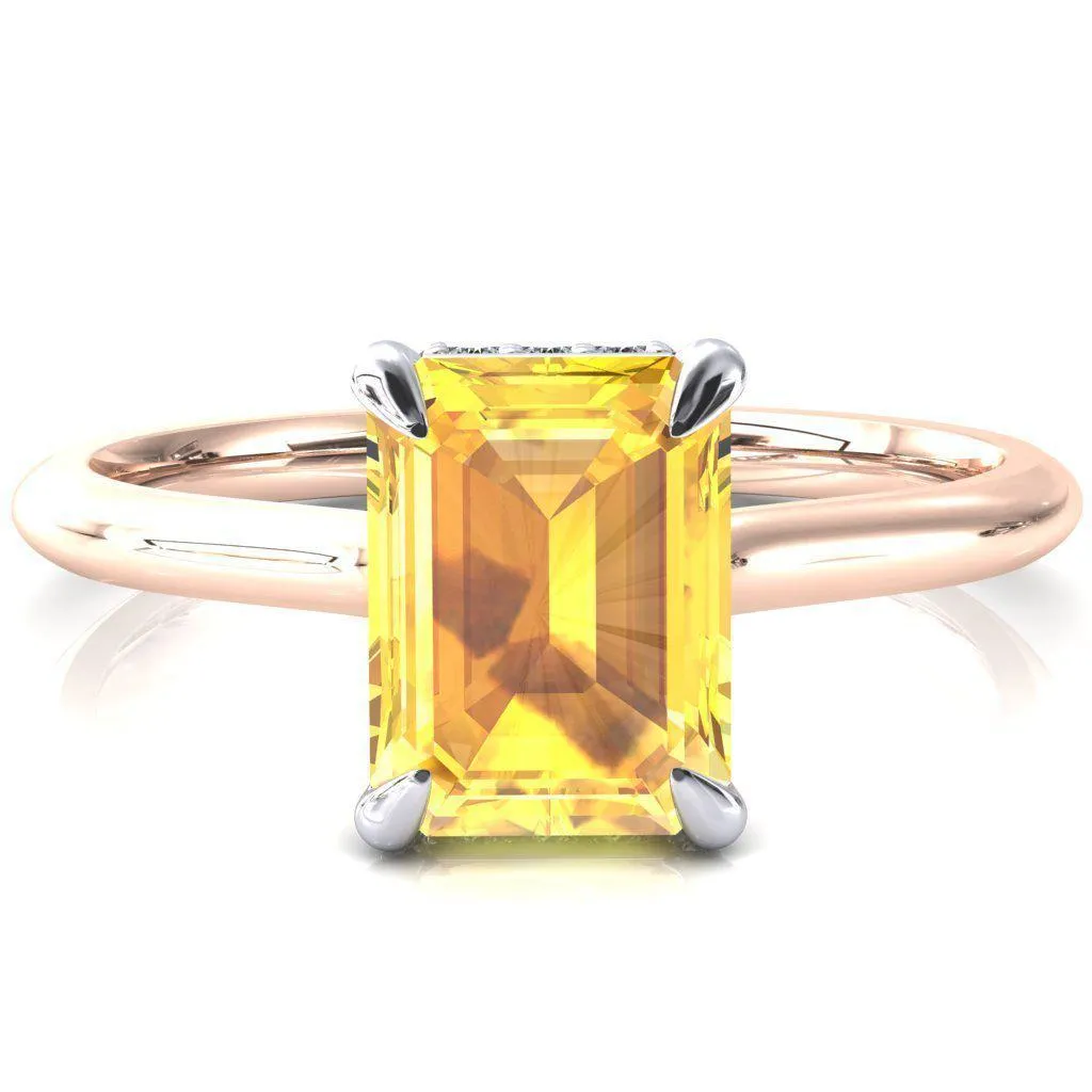 Secret Emerald Yellow Sapphire 4 Prong Floating Halo Engagement Ring