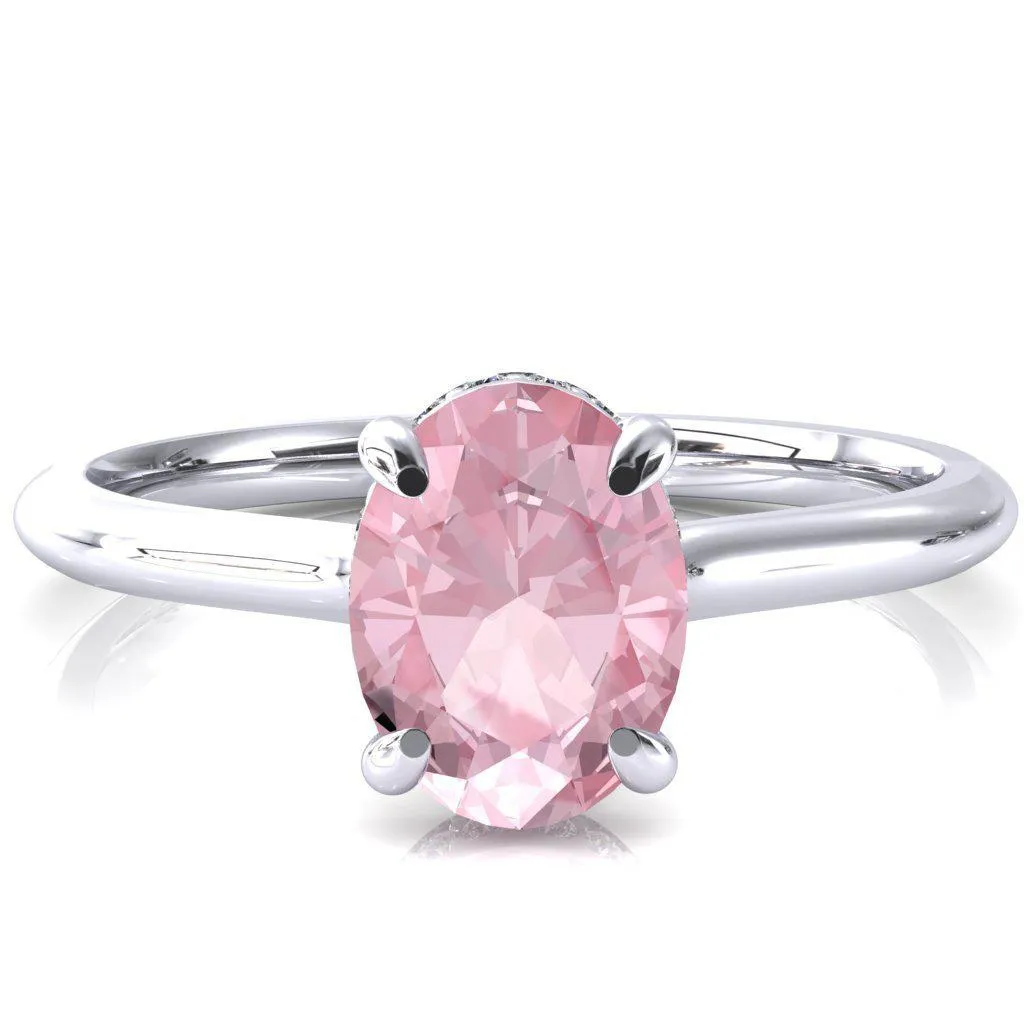 Secret Oval Pink Sapphire 4 Prong Floating Halo Engagement Ring