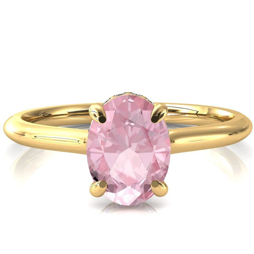 Secret Oval Pink Sapphire 4 Prong Floating Halo Engagement Ring