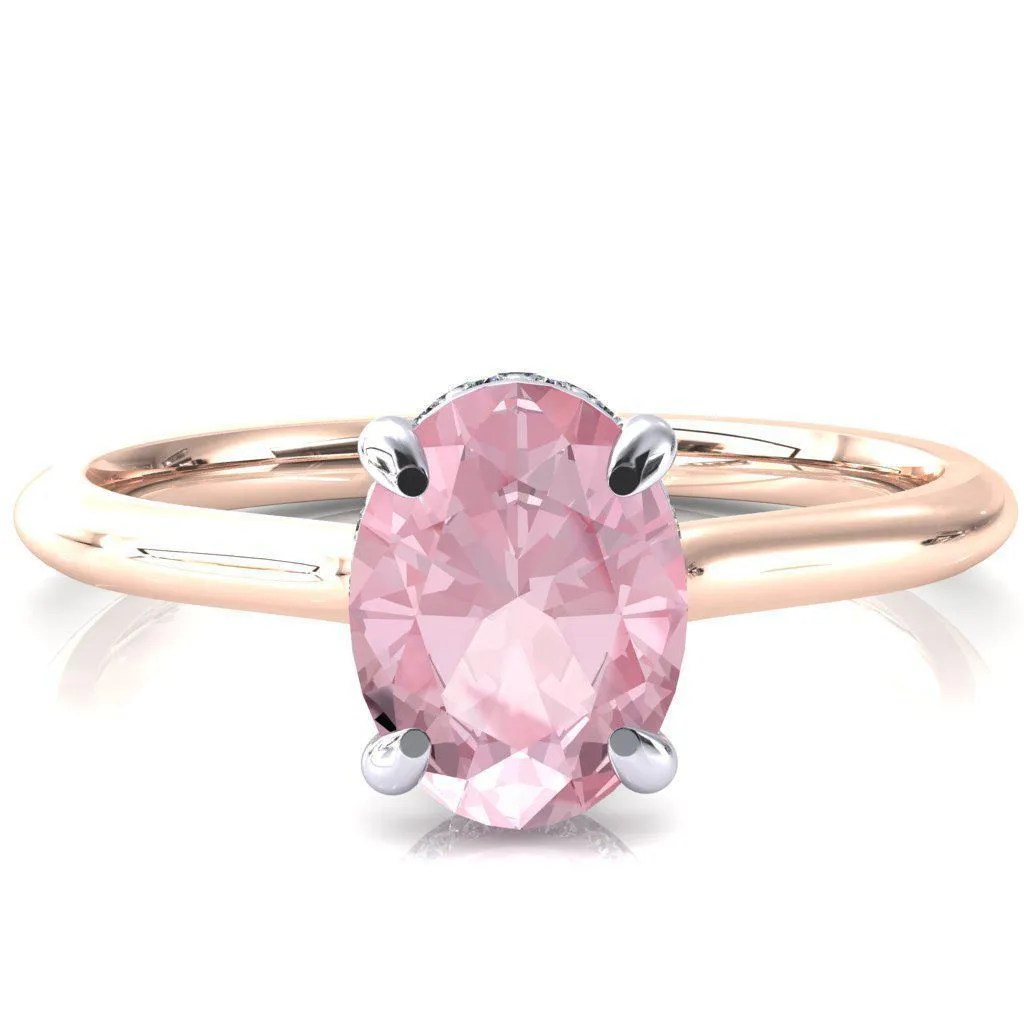 Secret Oval Pink Sapphire 4 Prong Floating Halo Engagement Ring