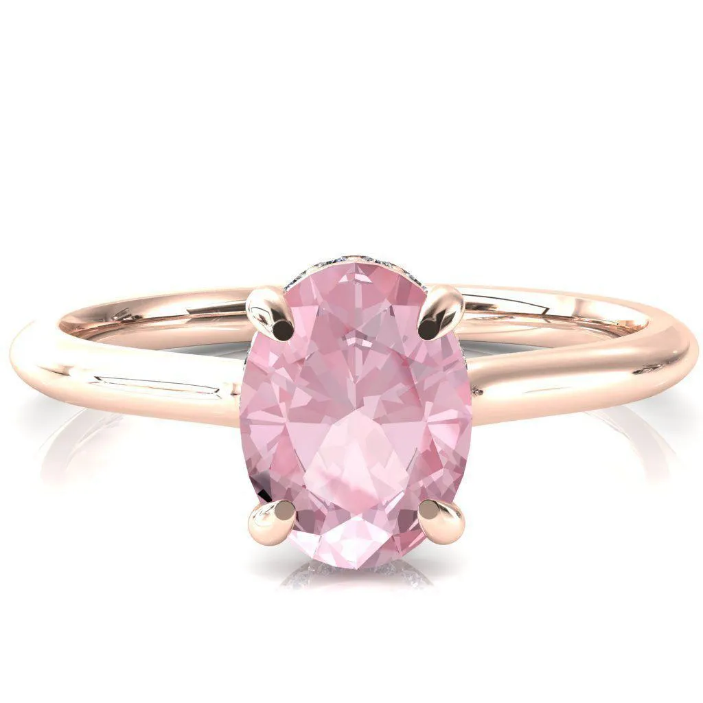 Secret Oval Pink Sapphire 4 Prong Floating Halo Engagement Ring