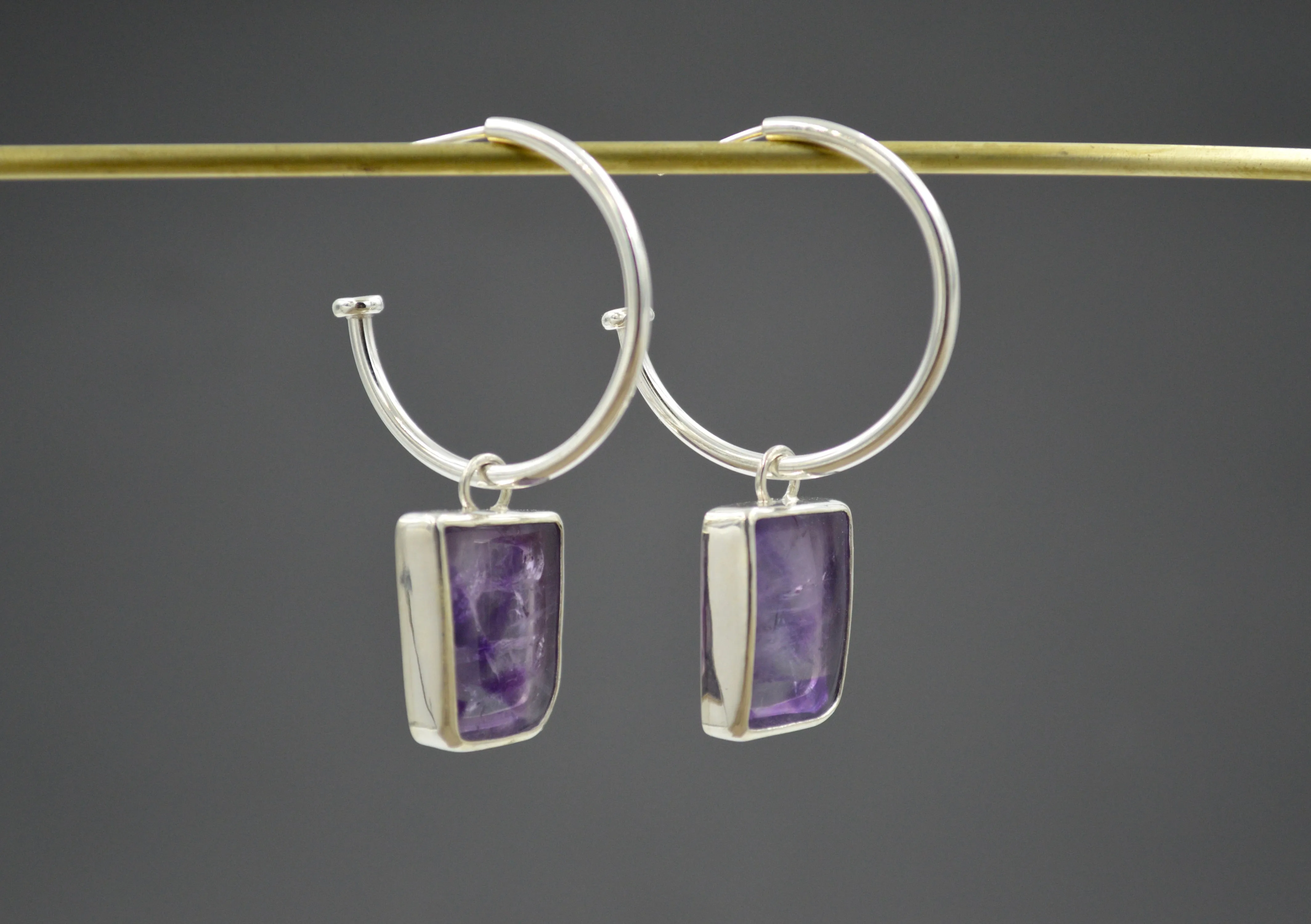 Silver Rectangular-ish Amethyst Hoops OOAK