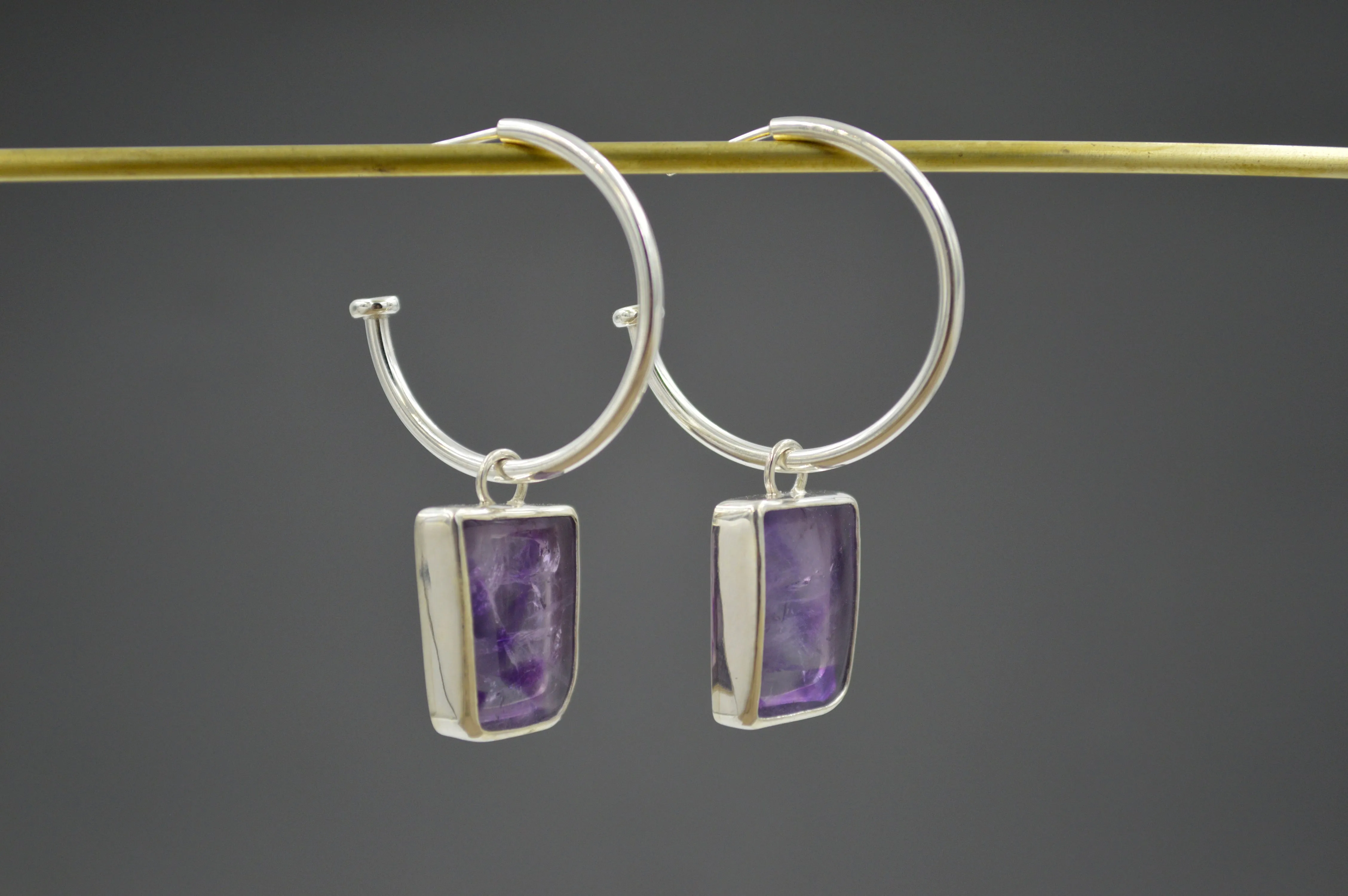 Silver Rectangular-ish Amethyst Hoops OOAK
