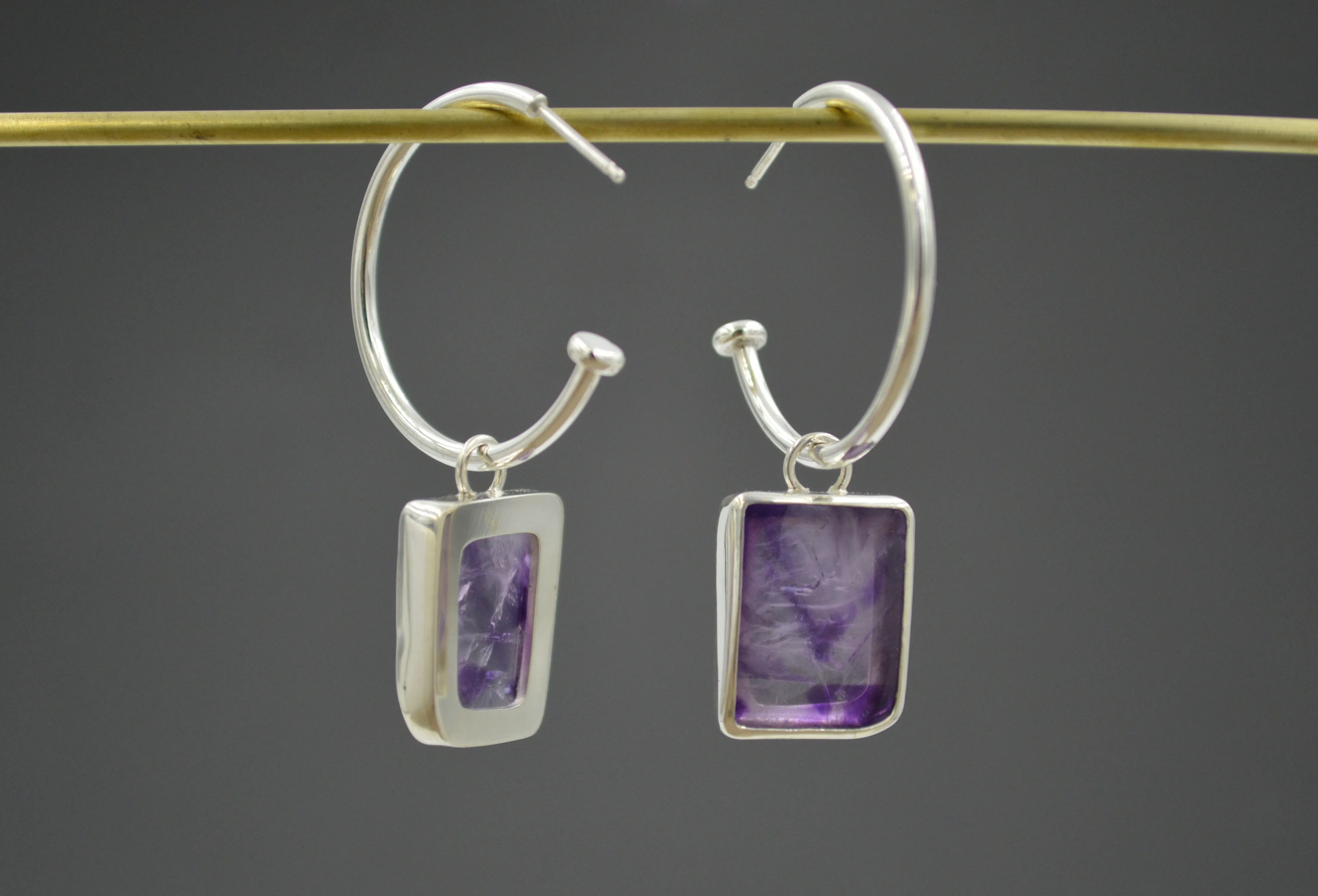 Silver Rectangular-ish Amethyst Hoops OOAK
