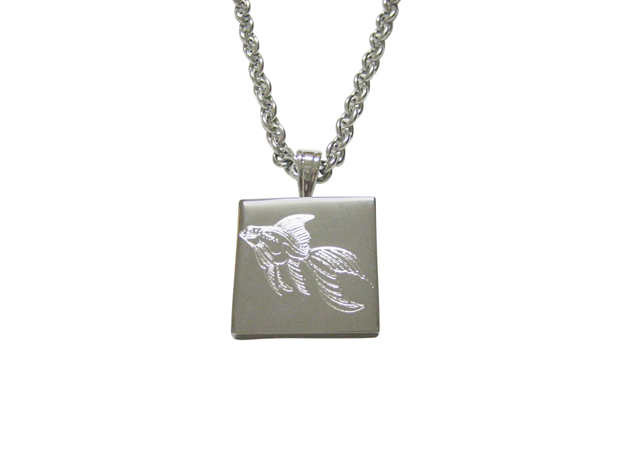 Silver Toned Etched Large Tropical Fish Pendant Necklace