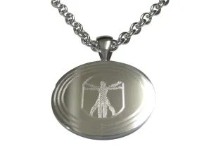 Silver Toned Etched Oval Leonardo Da Vinci Vitruvian Man Pendant Necklace