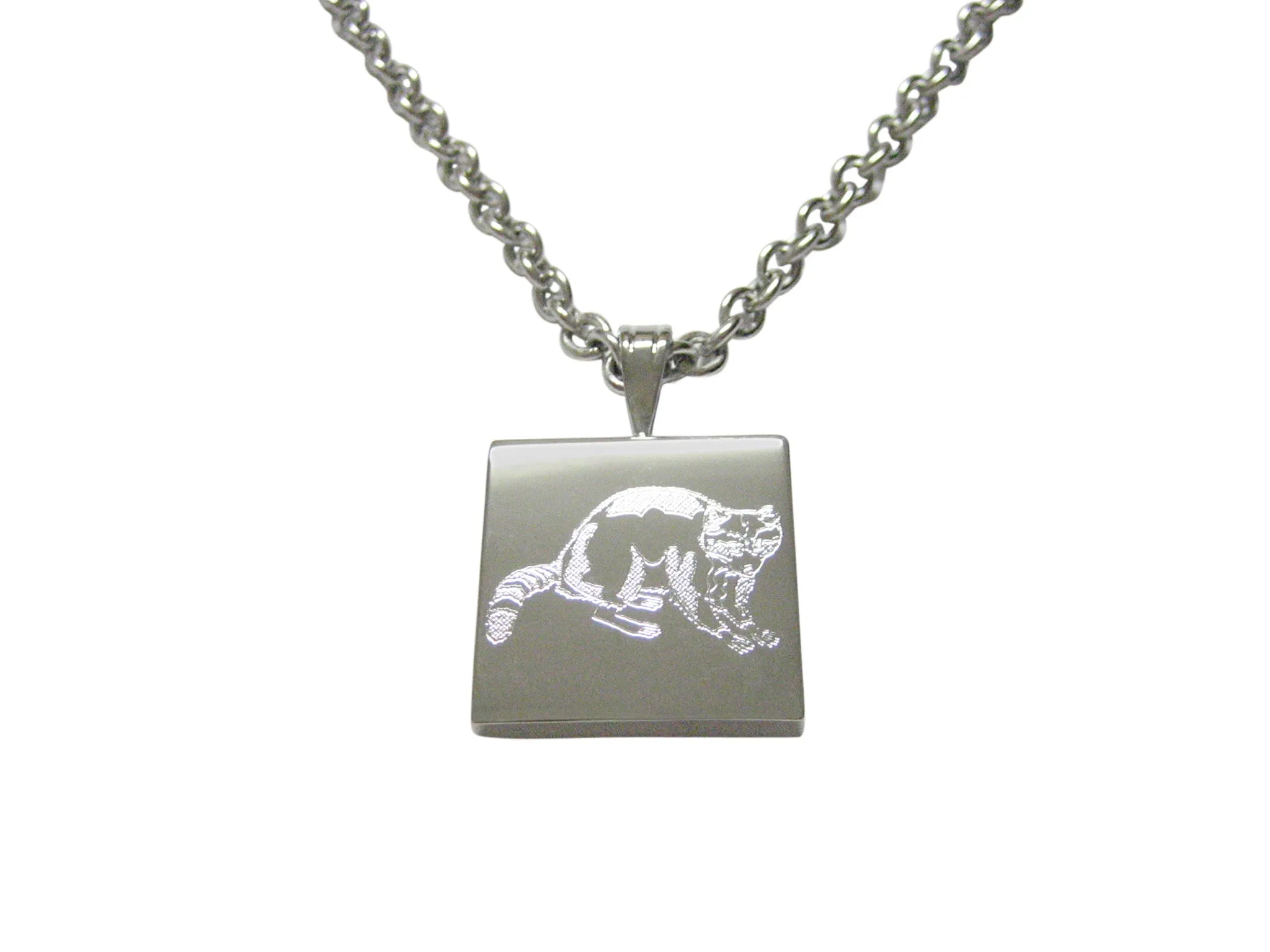 Silver Toned Etched Raccoon Pendant Necklace
