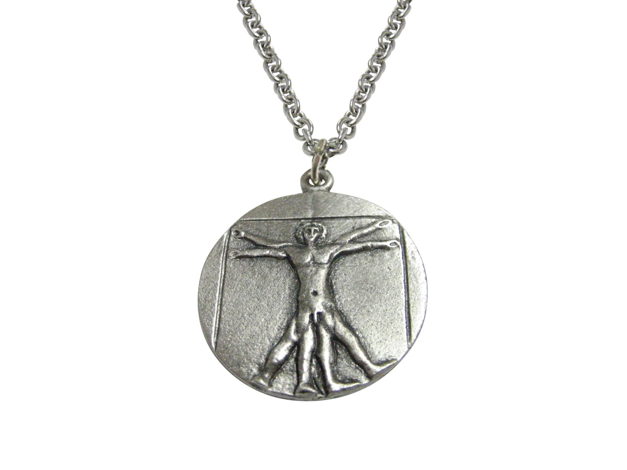 Silver Toned Leonardo Da Vinci Vitruvian Man Pendant Necklace