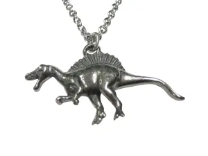 Silver Toned Textured Spinosaurus Dinosaur Pendant Necklace