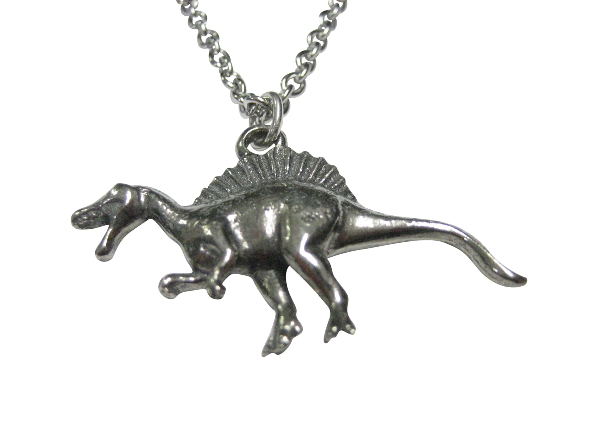 Silver Toned Textured Spinosaurus Dinosaur Pendant Necklace