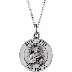 Sterling Silver 15 mm Round St. Peter 18" Necklace