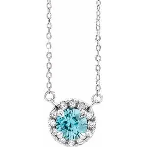 Sterling Silver 5 mm Natural Blue Zircon & 1/10 CTW Natural Diamond 18" Necklace