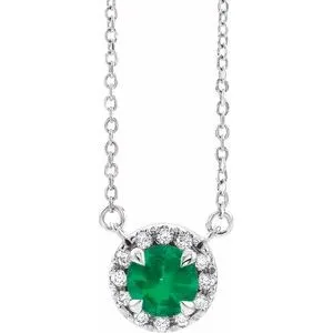 Sterling Silver 5 mm Natural Emerald & 1/10 CTW Natural Diamond 16" Necklace