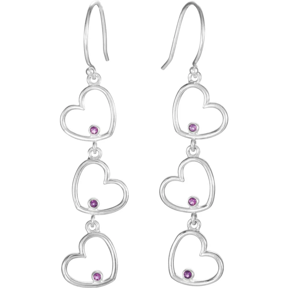 Sterling Silver Amethyst Triple Heart Dangle Earrings