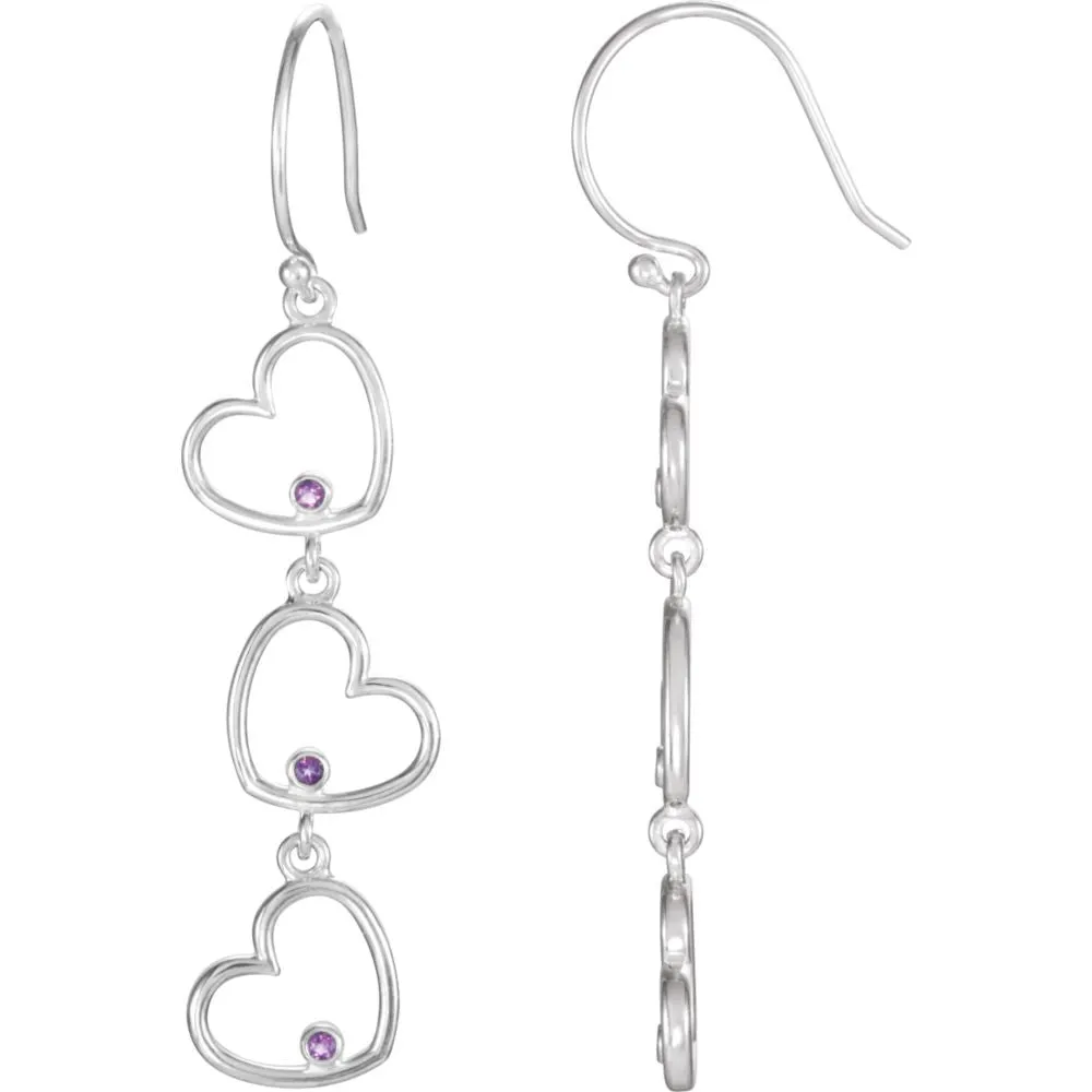 Sterling Silver Amethyst Triple Heart Dangle Earrings