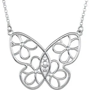 Sterling Silver Butterfly & Floral-Inspired 15.5" Necklace