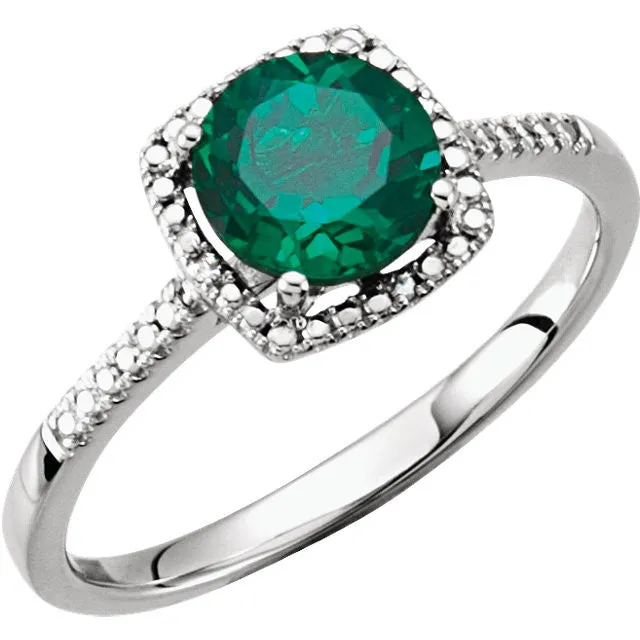 Sterling Silver Lab-Grown Emerald & .01 CTW Diamond Ring, Size 6