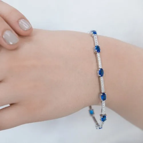 Sterling Silver Rhodium Plated CZ Simulated Sapphire Tennis Bracelet