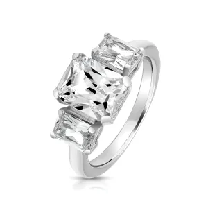 Sterling Silver (Rhodium Plated) Emerald Cut Cubic Zirconia Three Stone Trilogy Claw Set Ring