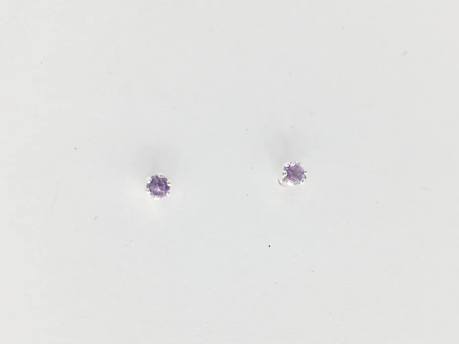 Sterling silver tiny 2mm amethyst stud earrings-studs, purple, February,