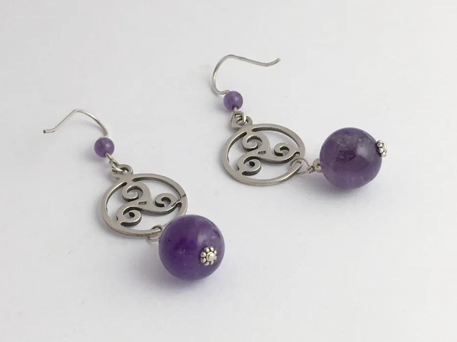 Sterling Silver triskelion in circle Celtic dangle Earrings-triple spiral-amethyst